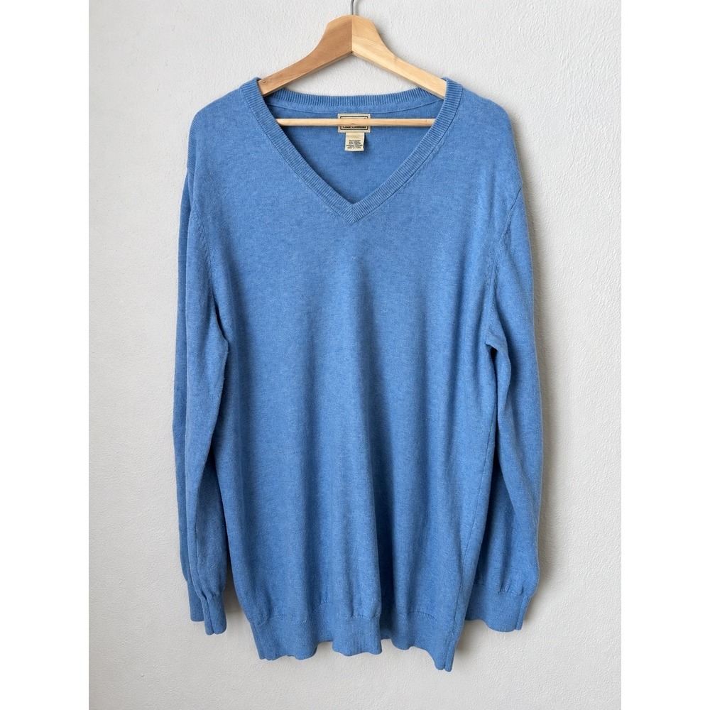 LL Bean Blue Cotton Cashmere V-Neck Sweater XXL Tall Mens Long Sleeve
